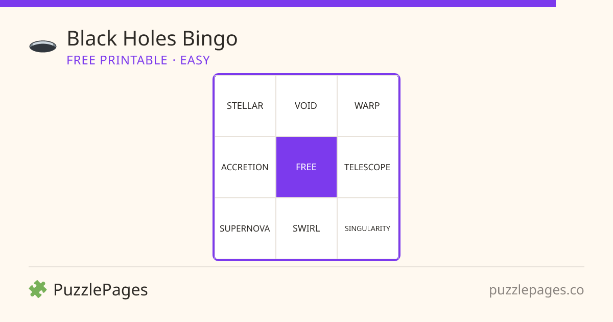 Black Holes Easy printable bingo preview — free to print from PuzzlePages