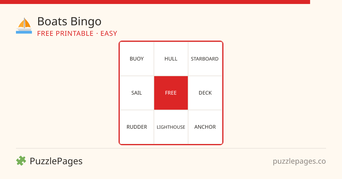 Boats Easy printable bingo preview — free to print from PuzzlePages