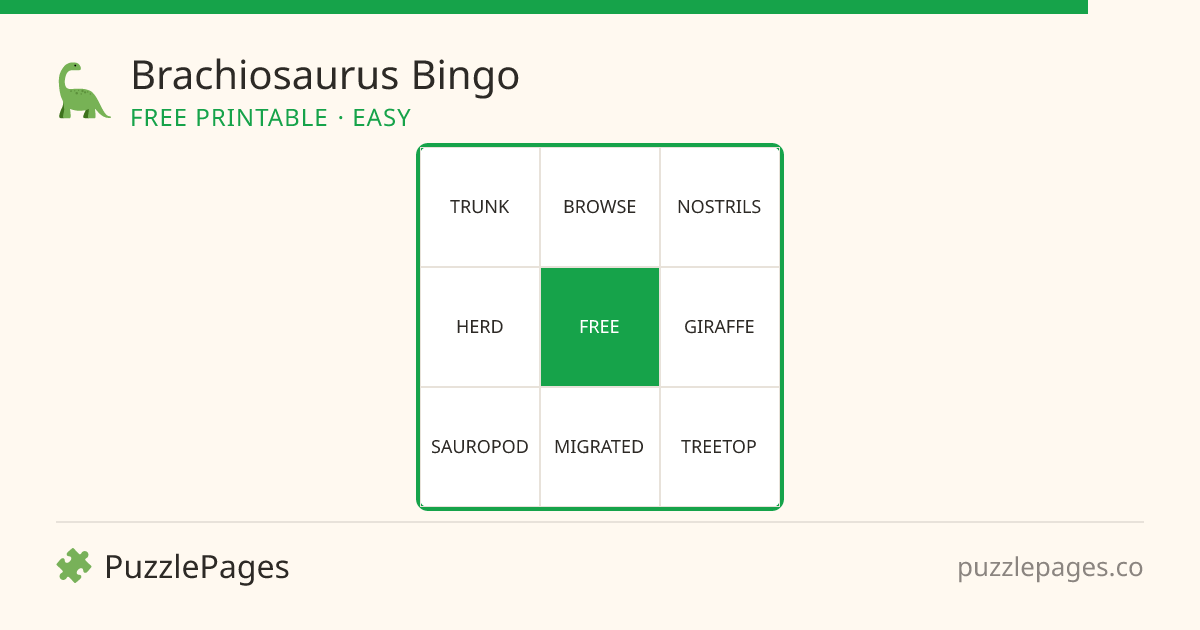 Brachiosaurus Easy printable bingo preview — free to print from PuzzlePages