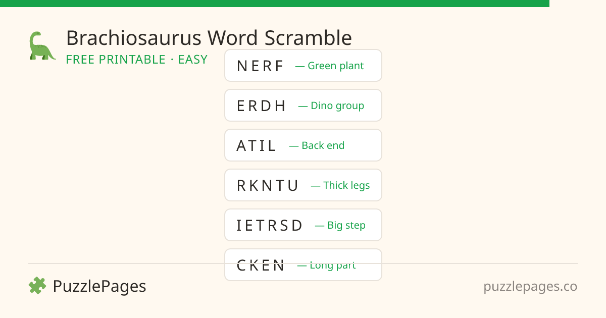 Brachiosaurus Easy printable word scramble preview — free to print from PuzzlePages