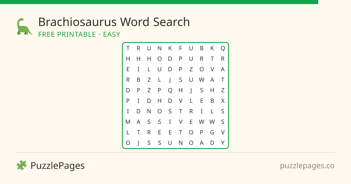 Brachiosaurus Easy printable word search preview — free to print from PuzzlePages