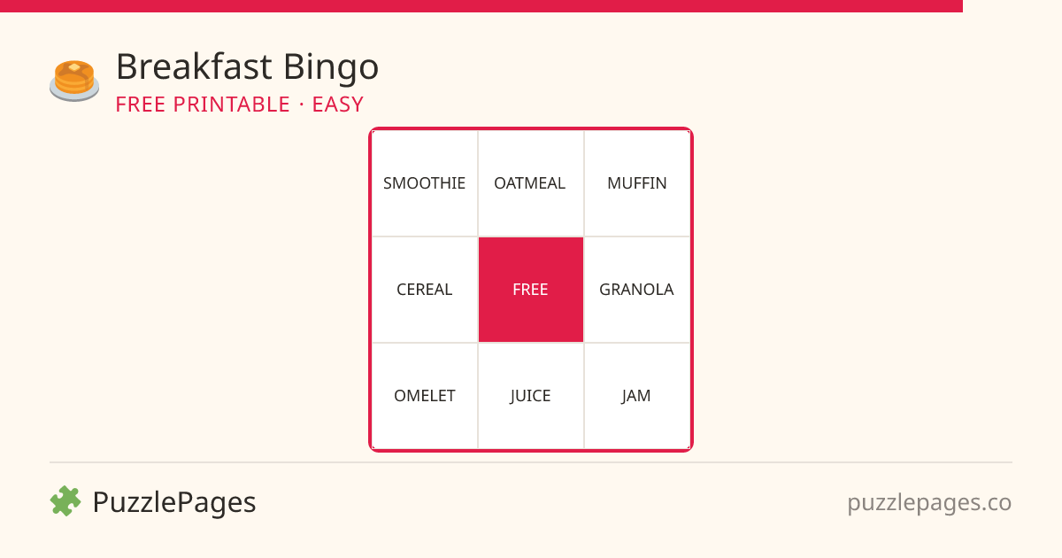 Breakfast Easy printable bingo preview — free to print from PuzzlePages
