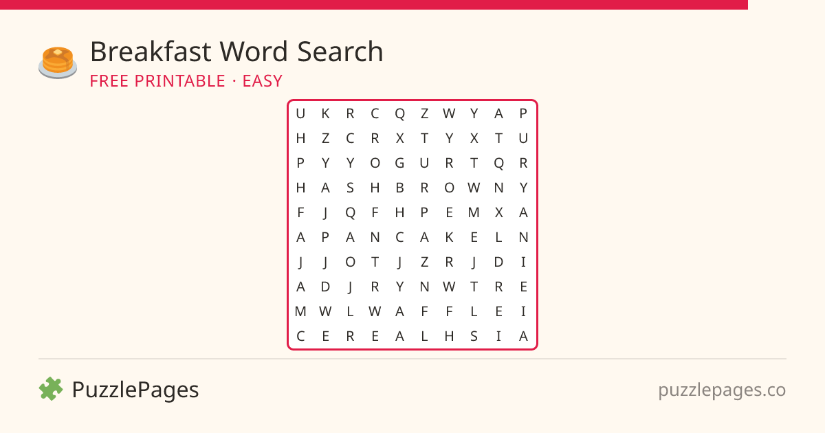 Breakfast Easy printable word search preview — free to print from PuzzlePages