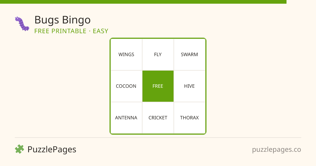Bugs Easy printable bingo preview — free to print from PuzzlePages