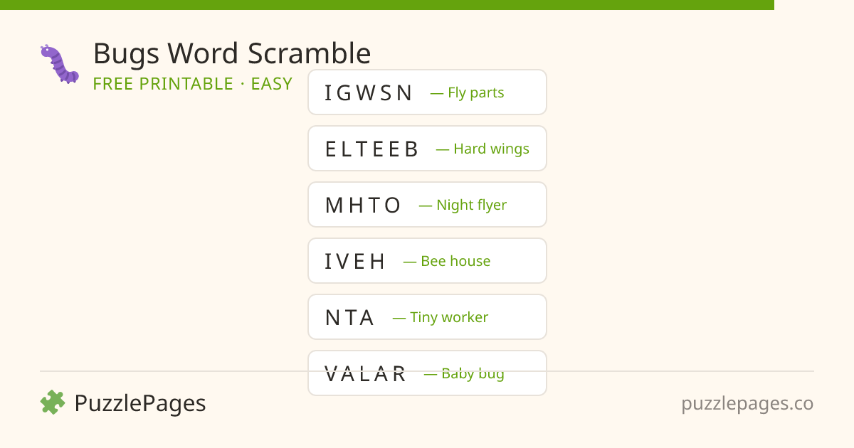 Bugs Easy printable word scramble preview — free to print from PuzzlePages