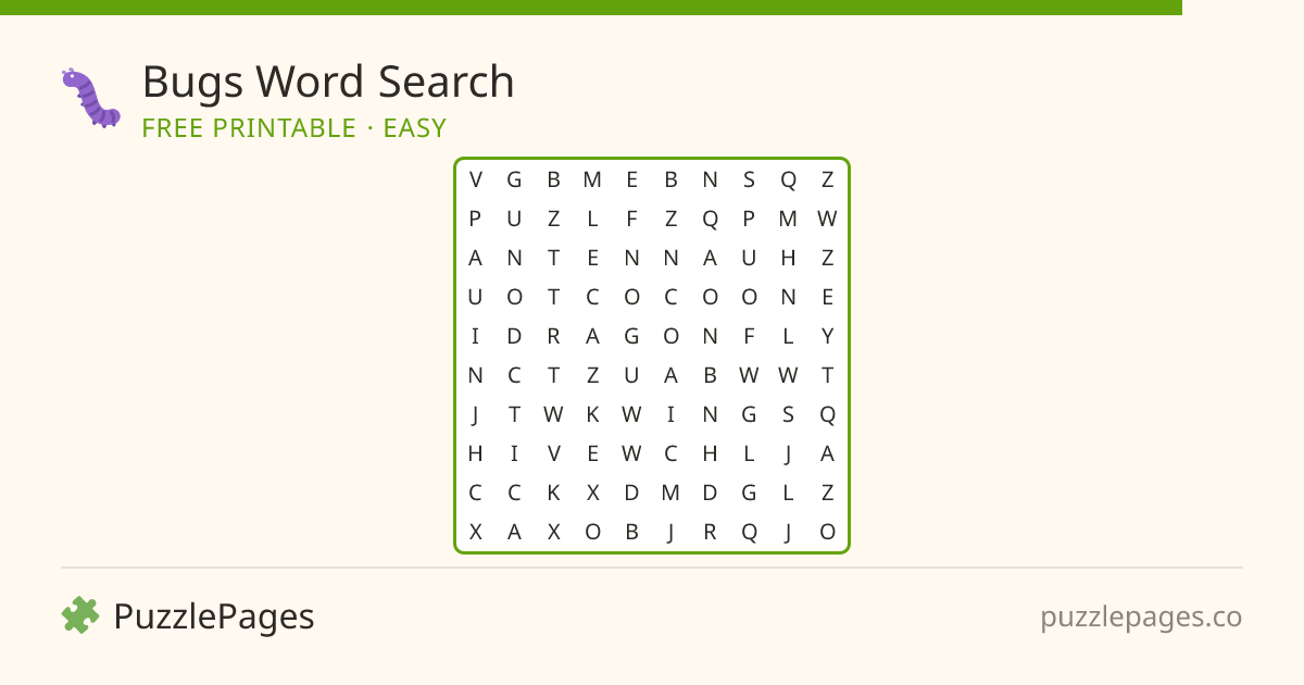 Bugs Easy printable word search preview — free to print from PuzzlePages