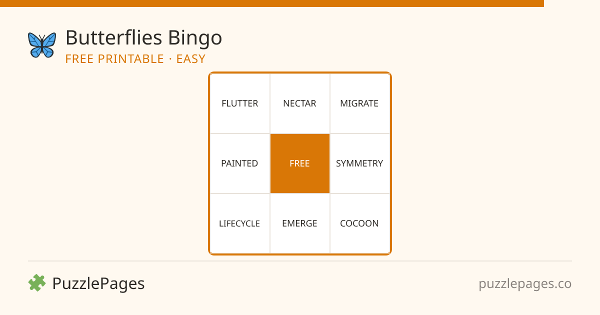 Butterflies Easy printable bingo preview — free to print from PuzzlePages