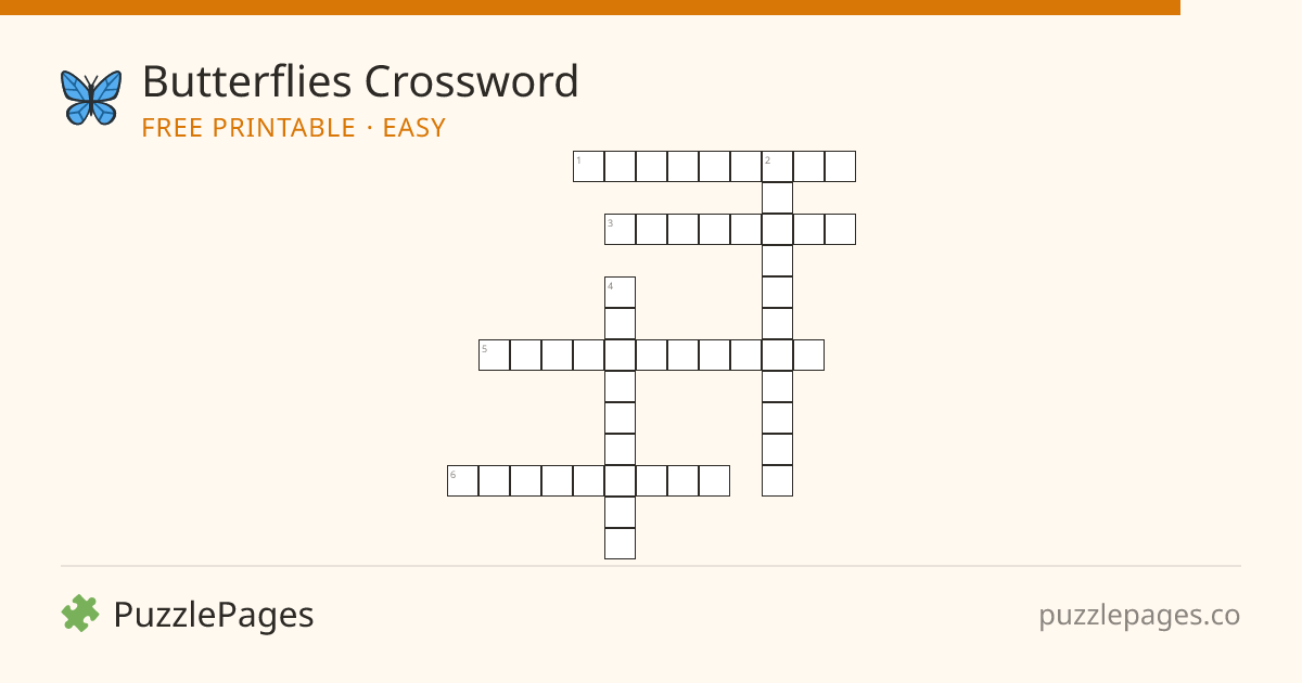 Butterflies Easy printable crossword preview — free to print from PuzzlePages