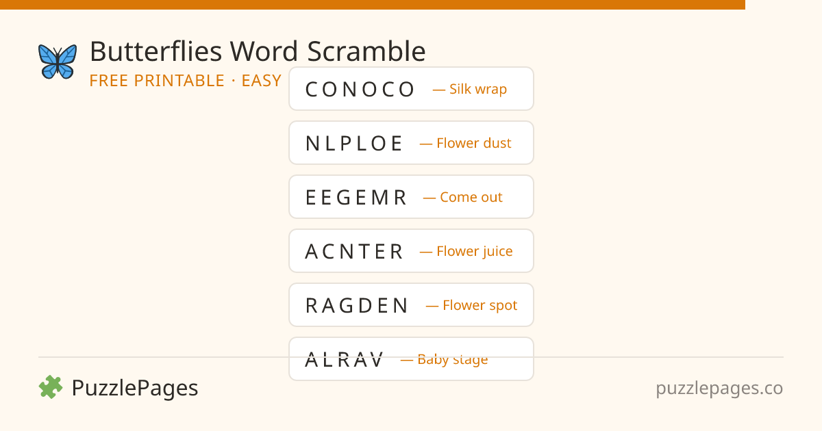 Butterflies Easy printable word scramble preview — free to print from PuzzlePages