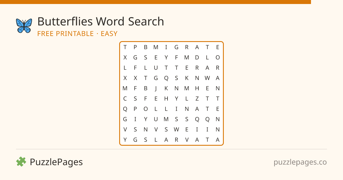 Butterflies Easy printable word search preview — free to print from PuzzlePages