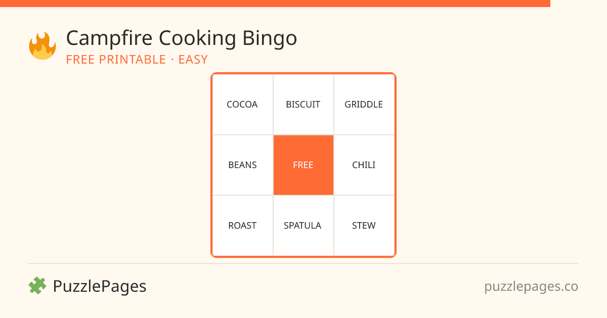 Campfire Cooking Easy printable bingo preview — free to print from PuzzlePages