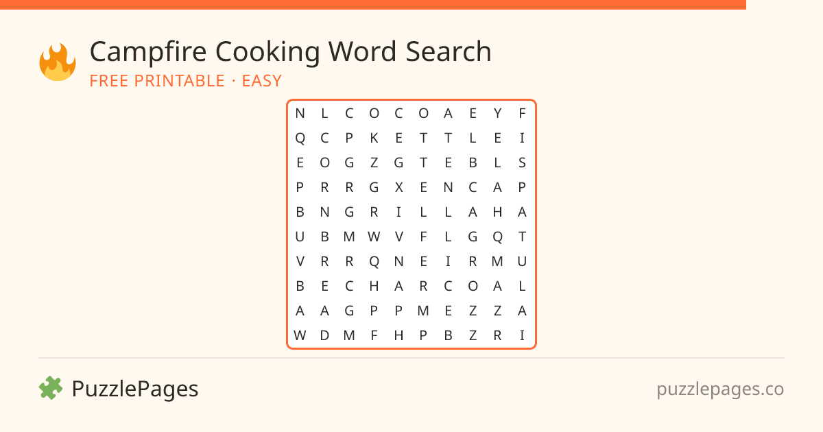 Campfire Cooking Easy printable word search preview — free to print from PuzzlePages