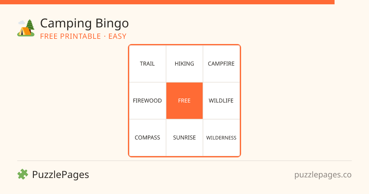 Camping Easy printable bingo preview — free to print from PuzzlePages