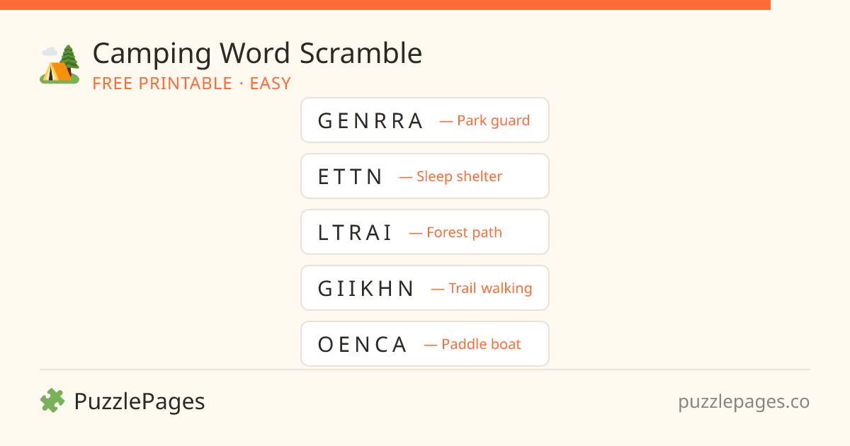 Camping Easy printable word scramble preview — free to print from PuzzlePages