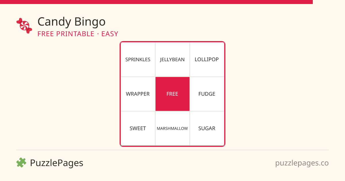 Candy Easy printable bingo preview — free to print from PuzzlePages