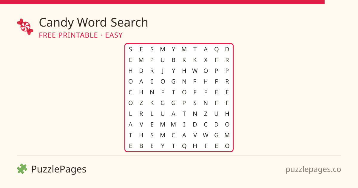Candy Easy printable word search preview — free to print from PuzzlePages