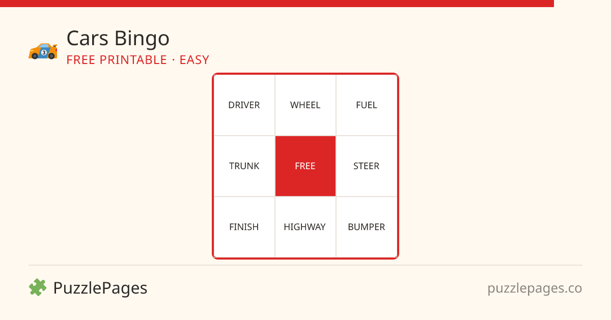 Cars Easy printable bingo preview — free to print from PuzzlePages