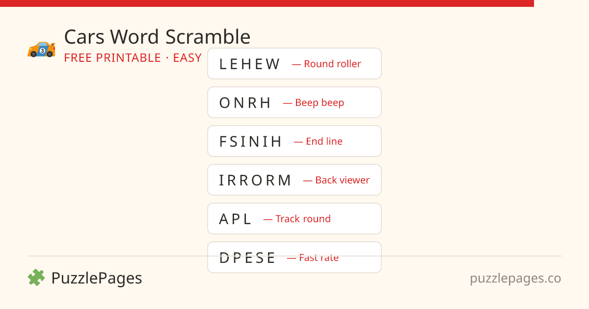 Cars Easy printable word scramble preview — free to print from PuzzlePages