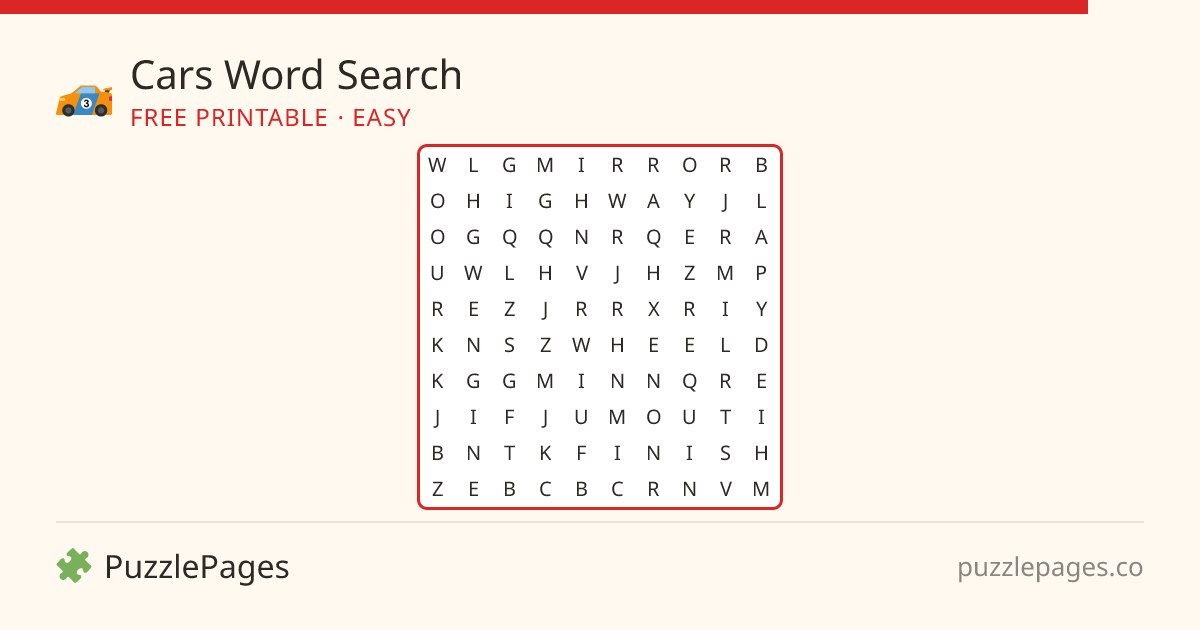 Cars Easy printable word search preview — free to print from PuzzlePages