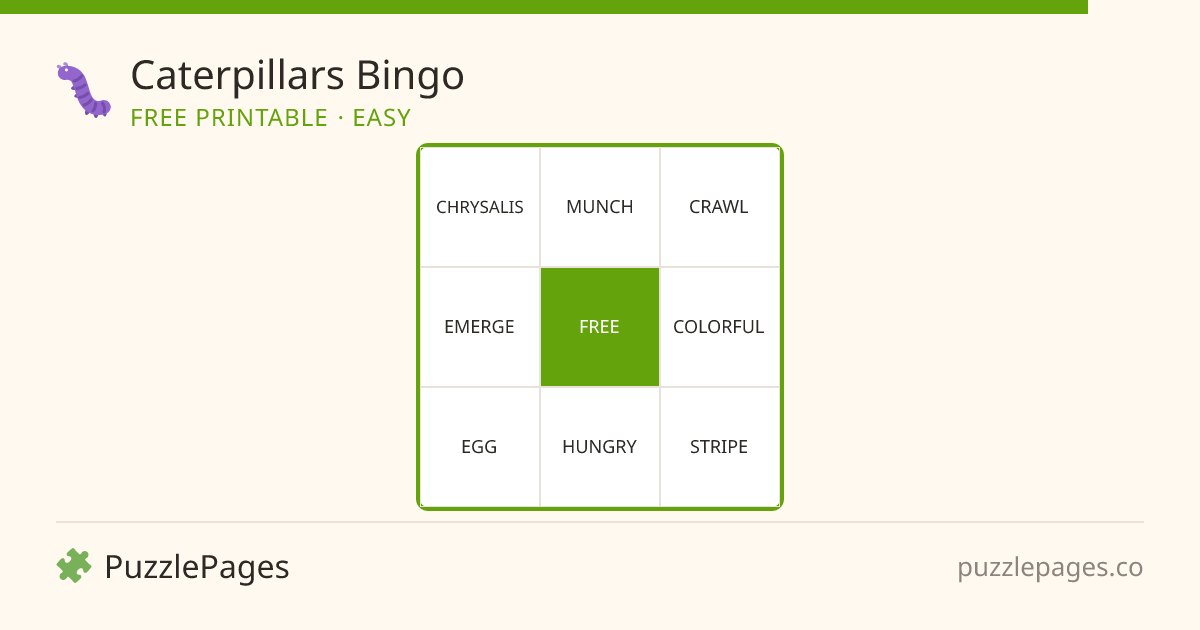 Caterpillars Easy printable bingo preview — free to print from PuzzlePages