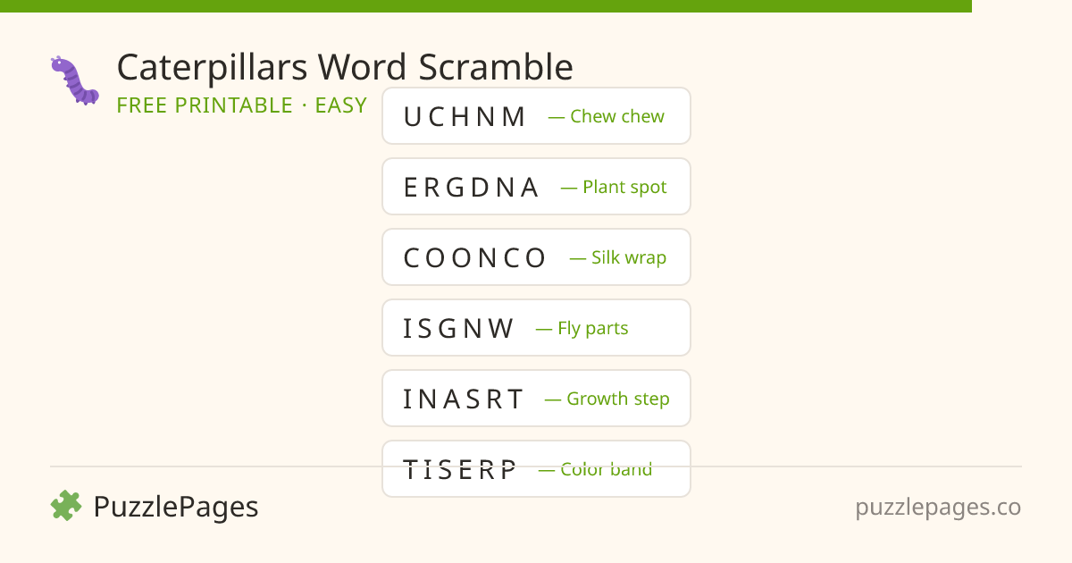 Caterpillars Easy printable word scramble preview — free to print from PuzzlePages