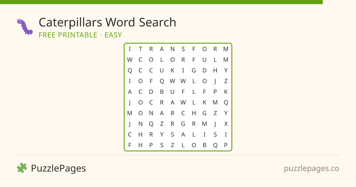 Caterpillars Easy printable word search preview — free to print from PuzzlePages
