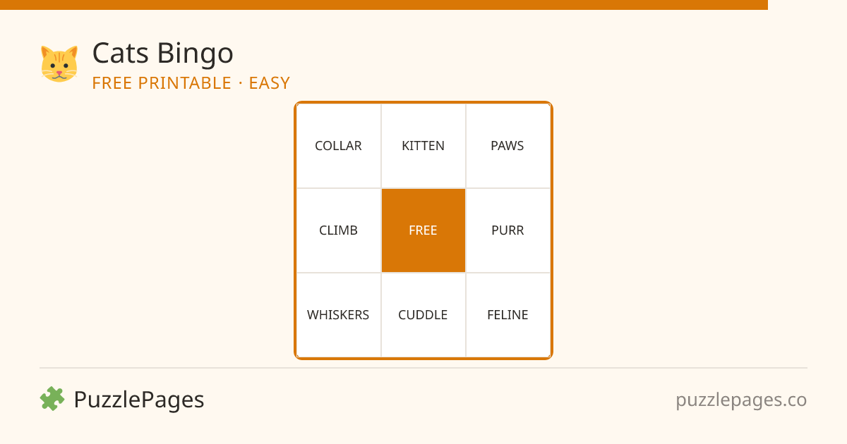 Cats Easy printable bingo preview — free to print from PuzzlePages