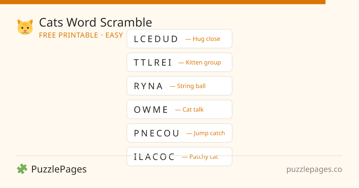 Cats Easy printable word scramble preview — free to print from PuzzlePages