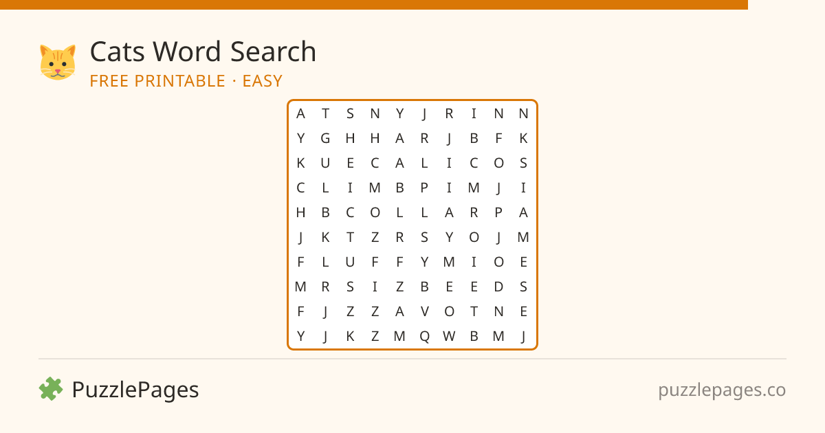 Cats Easy printable word search preview — free to print from PuzzlePages