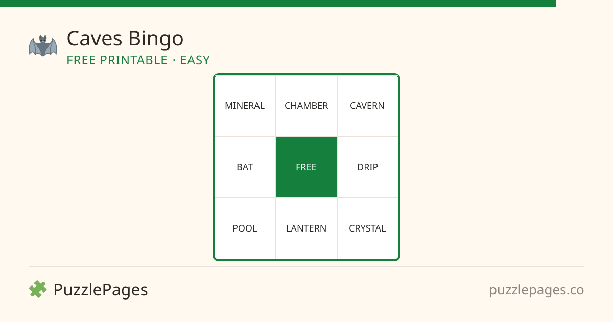 Caves Easy printable bingo preview — free to print from PuzzlePages