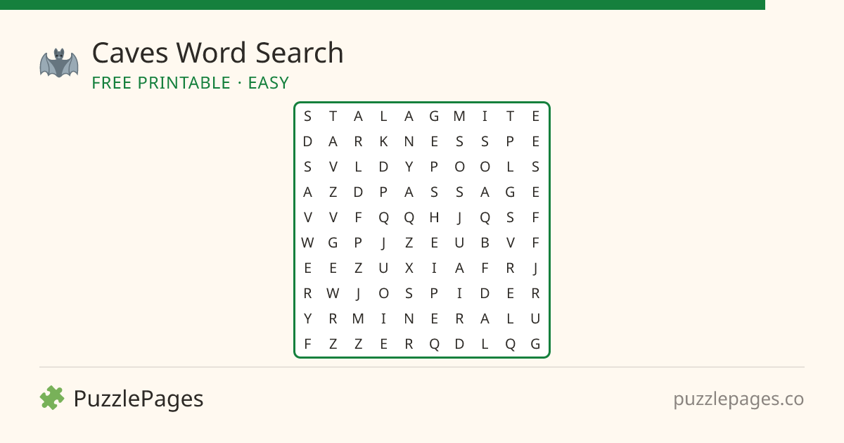 Caves Easy printable word search preview — free to print from PuzzlePages