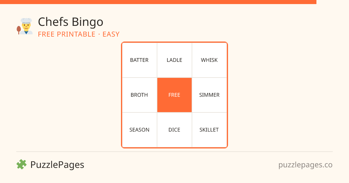 Chefs Easy printable bingo preview — free to print from PuzzlePages