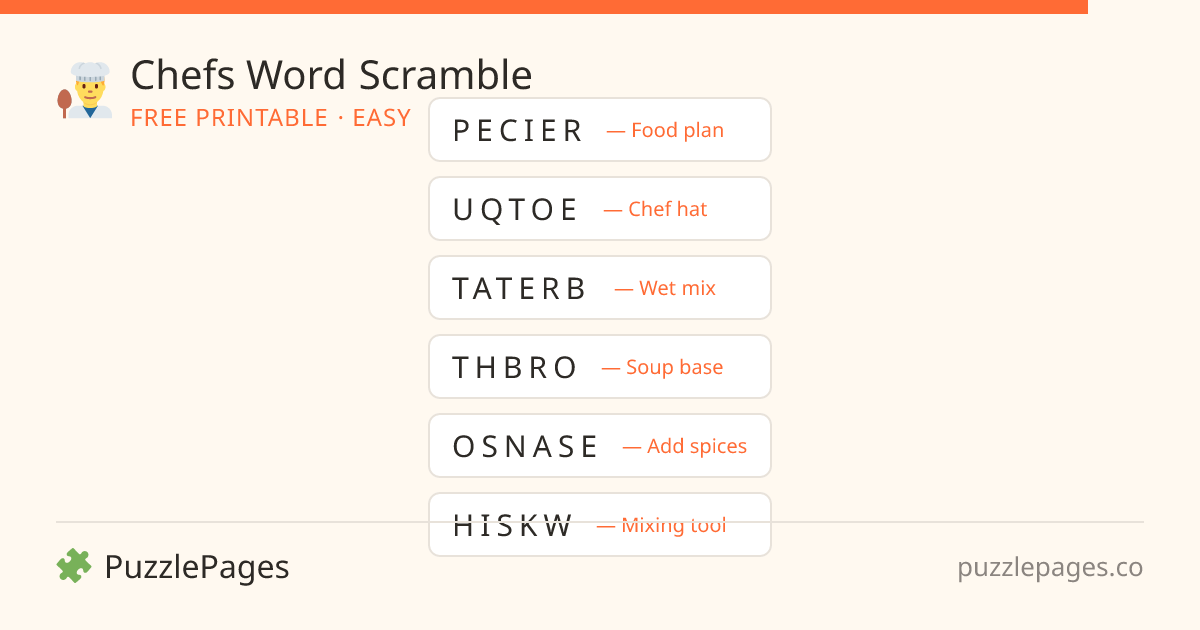 Chefs Easy printable word scramble preview — free to print from PuzzlePages