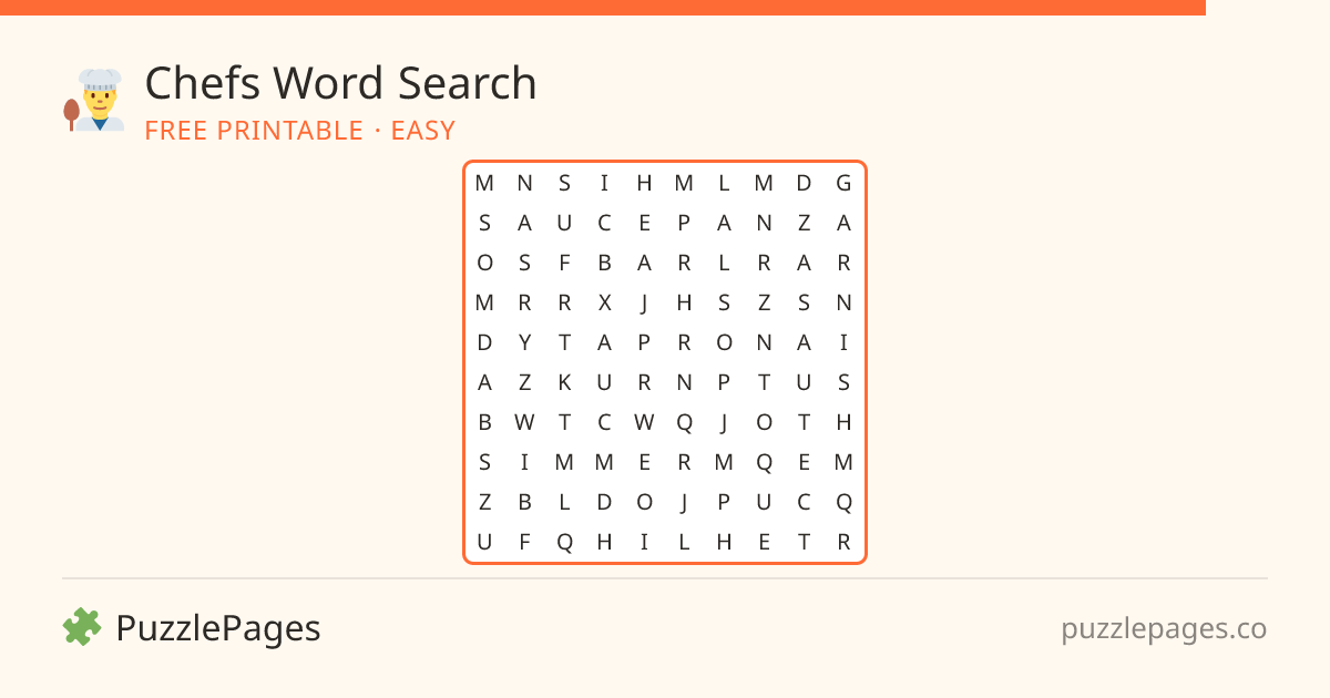 Chefs Easy printable word search preview — free to print from PuzzlePages