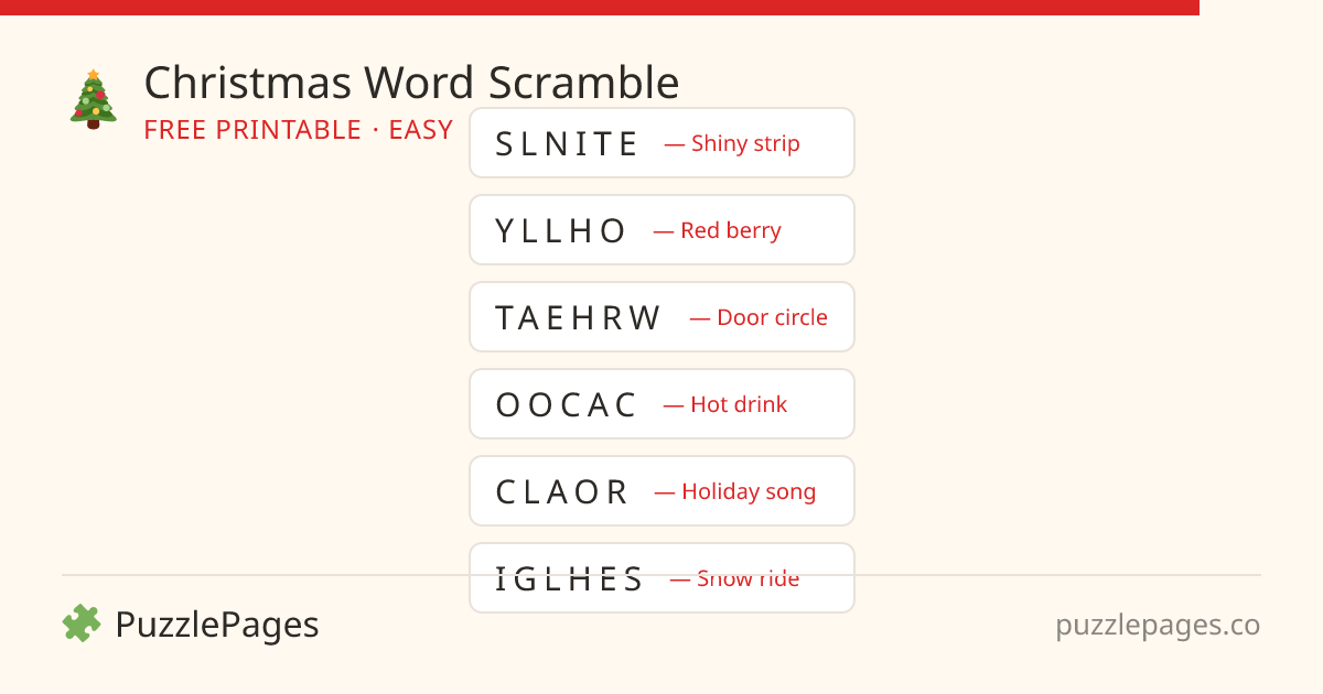 Christmas Easy printable word scramble preview — free to print from PuzzlePages