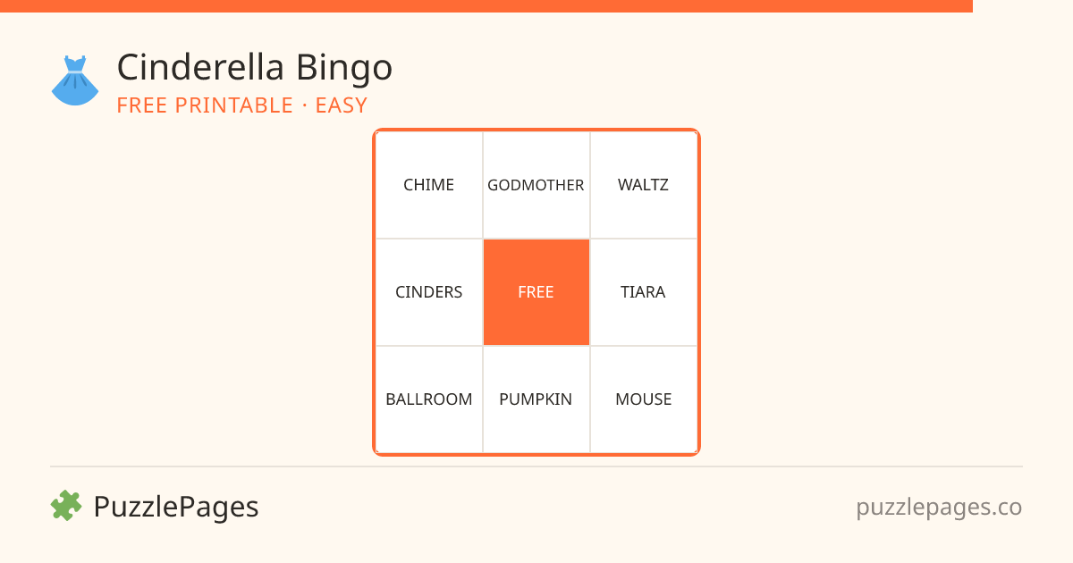 Cinderella Easy printable bingo preview — free to print from PuzzlePages