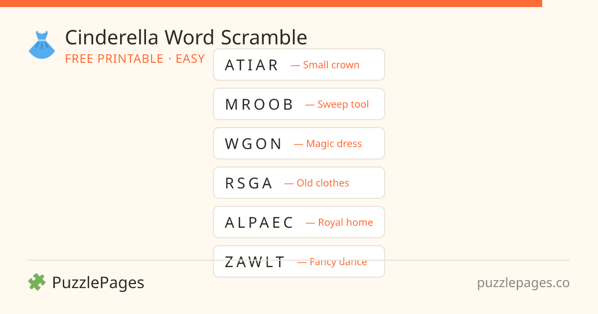 Cinderella Easy printable word scramble preview — free to print from PuzzlePages