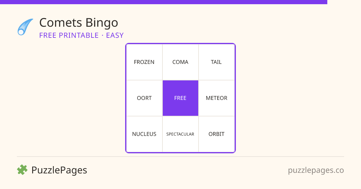 Comets Easy printable bingo preview — free to print from PuzzlePages