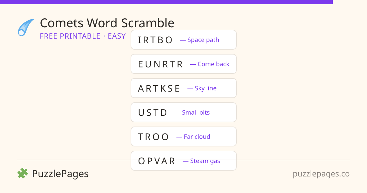 Comets Easy printable word scramble preview — free to print from PuzzlePages
