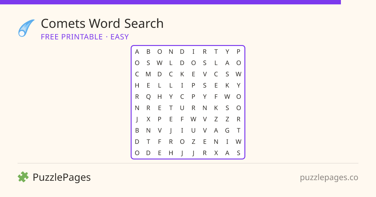 Comets Easy printable word search preview — free to print from PuzzlePages
