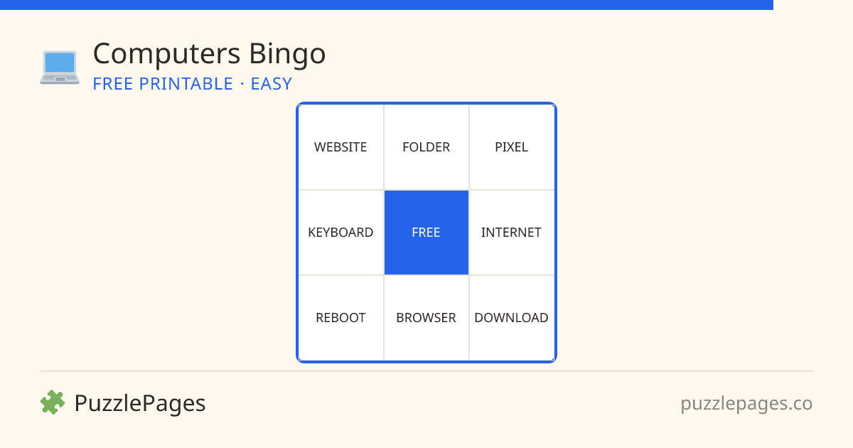 Computers Easy printable bingo preview — free to print from PuzzlePages