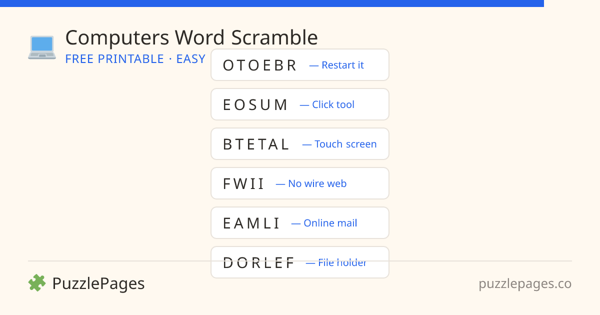 Computers Easy printable word scramble preview — free to print from PuzzlePages