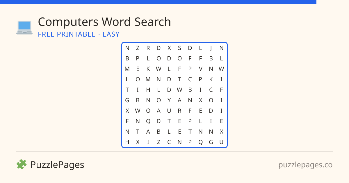 Computers Easy printable word search preview — free to print from PuzzlePages