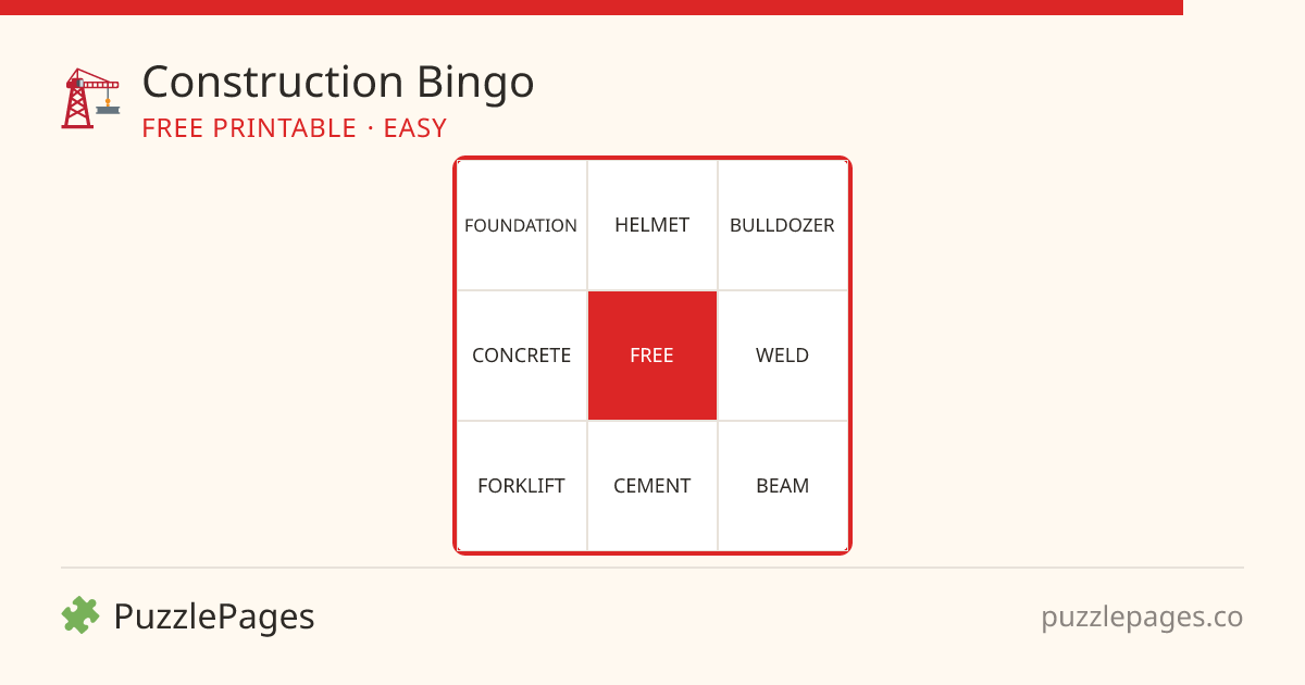Construction Easy printable bingo preview — free to print from PuzzlePages