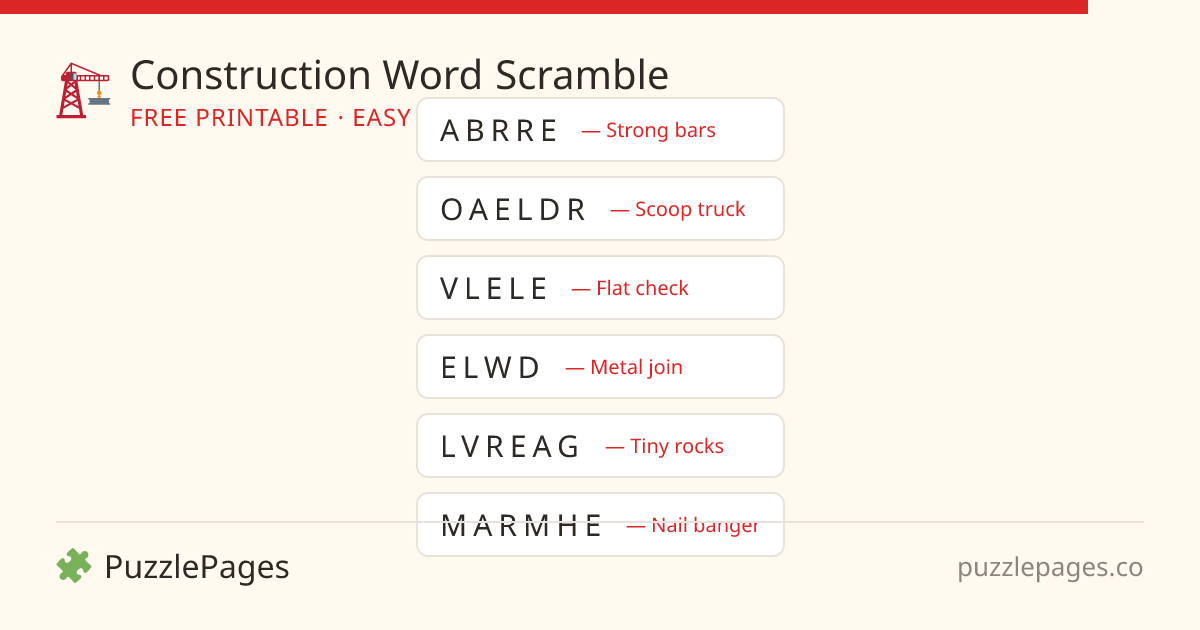 Construction Easy printable word scramble preview — free to print from PuzzlePages