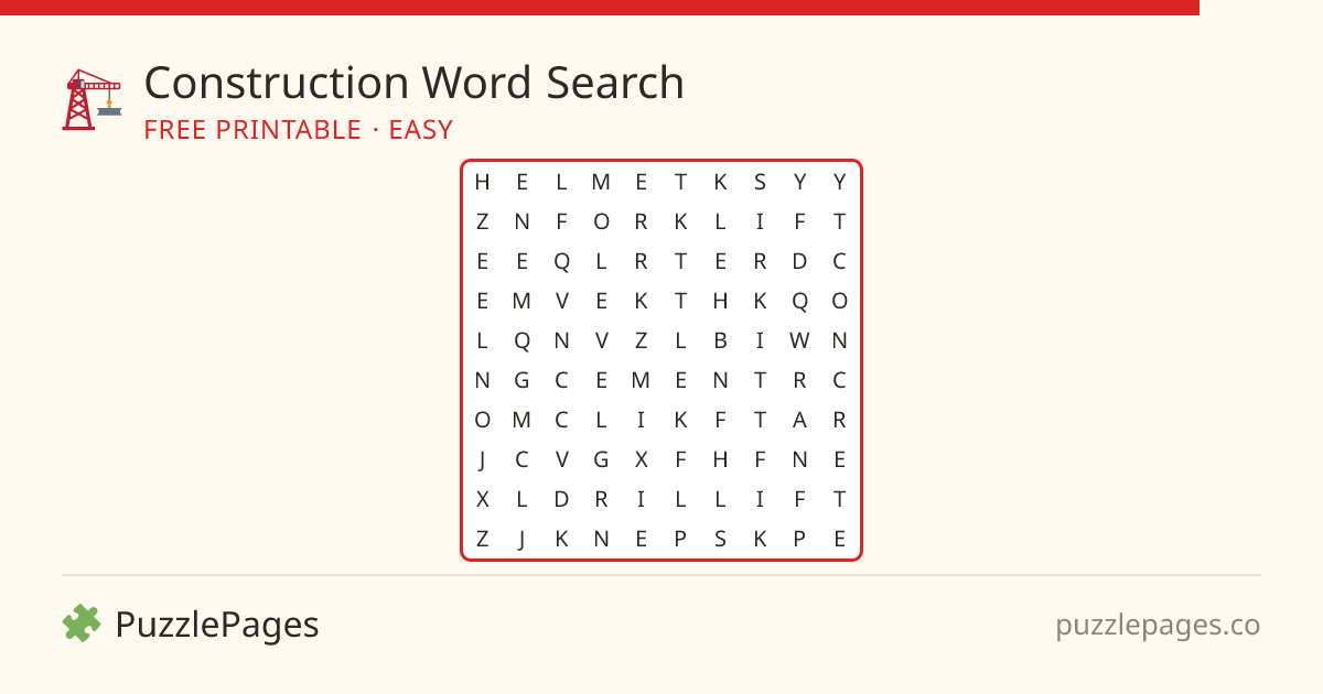 Construction Easy printable word search preview — free to print from PuzzlePages
