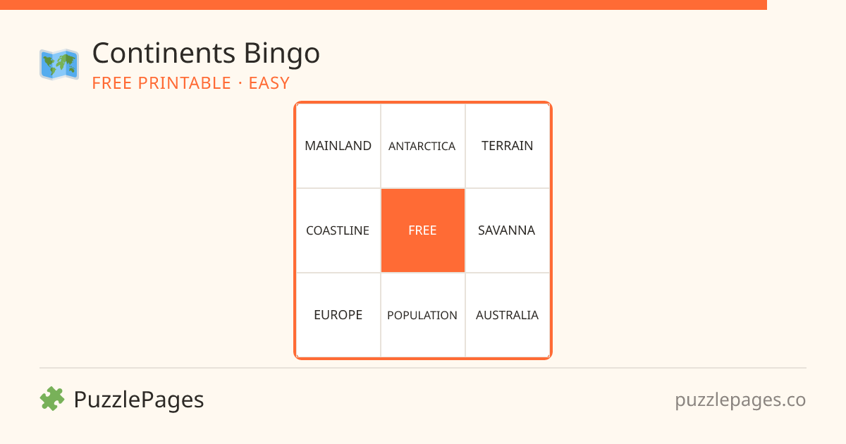 Continents Easy printable bingo preview — free to print from PuzzlePages