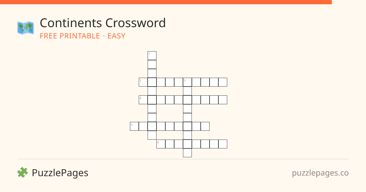 Continents Easy printable crossword preview — free to print from PuzzlePages