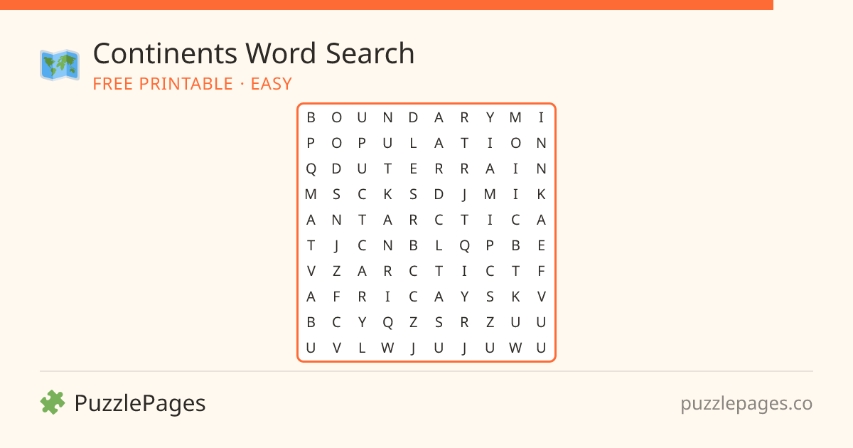Continents Easy printable word search preview — free to print from PuzzlePages
