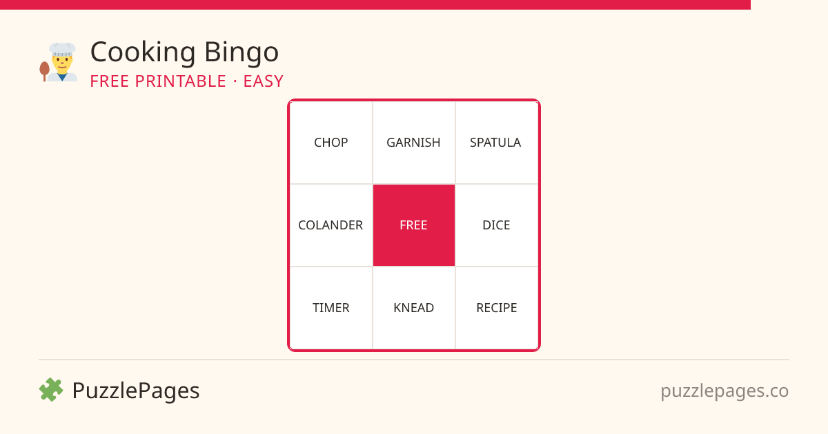 Cooking Easy printable bingo preview — free to print from PuzzlePages